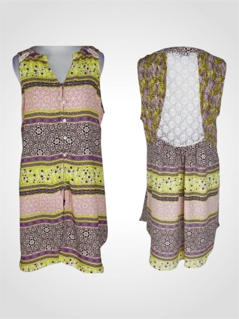 Figueroa & Flower Anthropologie Sleeveless Purple & Green Lace Back Tunic M